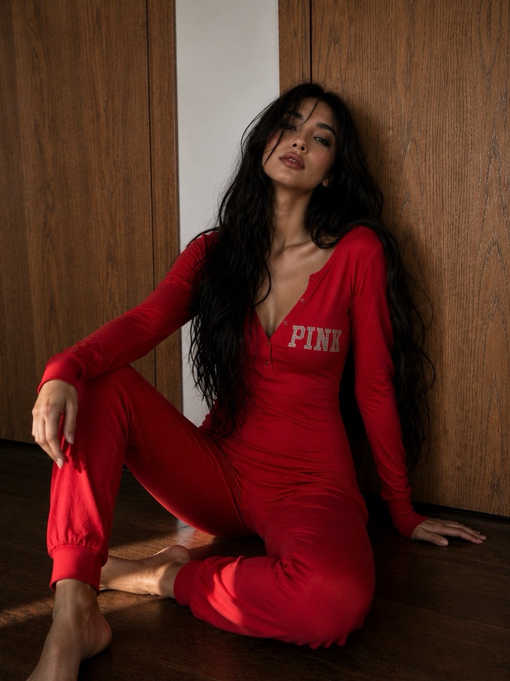 Rare 'Ho Ho Ho' Victoria's Secret PINK Women's Red One-Piece Pajama Jumpsuit - Picture 2 of 7